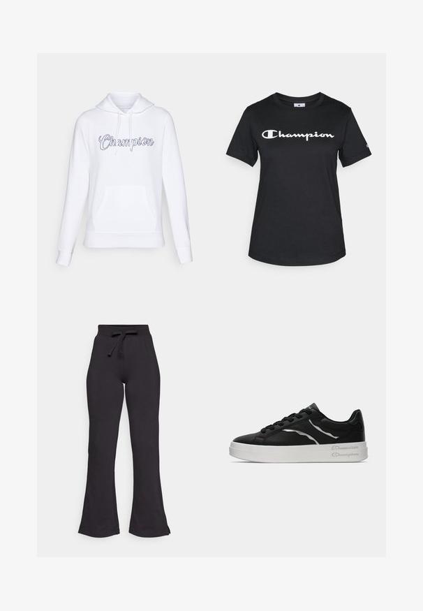 Hvit hettegenser laget av mykt stoff, med en frontlomme og hette med snøring. "Champion"-logo i kursiv på brystet.; Svart bomulls T-skjorte med korte ermer, rund hals og stor hvit "Champion" logo trykket over fronten.; Sorte, utsvingte joggebukser laget av mykt stoff, med strikk og knyttebånd i livet og en glatt tekstur. Designet for komfort og enkel bruk.; Sorte lærersneakers med hvit såle, med tynne sølvdetaljer og snøring. Glatt tekstur med merkevaredetaljering på hælen.