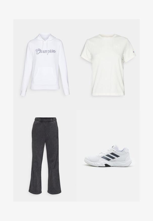 Sudadera blanca hecha de tela suave, con un bolsillo delantero y capucha con cordón. Logo "Champion" en cursiva en el pecho.; Camiseta de algodón blanca de manga corta con cuello redondo y un pequeño logo en la parte superior izquierda del pecho. Textura suave y ajuste estándar.; Pantalones sudadera acampanados en tela gris oscuro con una textura suave. Cuenta con una cintura elástica y un logo bordado en el lateral.; Zapatilla deportiva blanca con parte superior de malla, tres franjas negras a los lados, acentos texturizados y una suela de goma resistente con una sección negra en contraste.