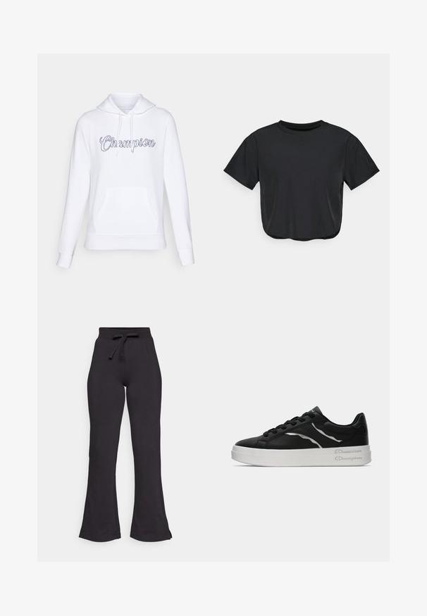 Hvit hettegenser laget av mykt stoff, med en frontlomme og hette med snøring. "Champion"-logo i kursiv på brystet.; Svart croppet t-skjorte laget av mykt materiale, med rund halsutskjæring, korte ermer og en avslappet passform. Subtile sømdetaljer.; Sorte, utsvingte joggebukser laget av mykt stoff, med strikk og knyttebånd i livet og en glatt tekstur. Designet for komfort og enkel bruk.; Sorte lærersneakers med hvit såle, med tynne sølvdetaljer og snøring. Glatt tekstur med merkevaredetaljering på hælen.