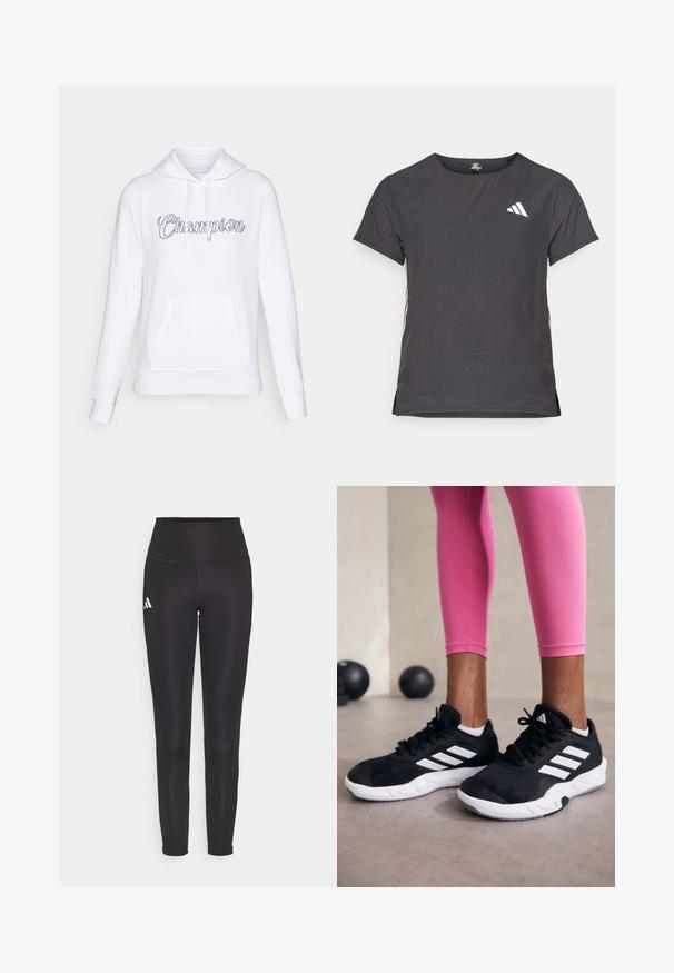 Valge kapuutsiga sviiter, mis on valmistatud pehmest kangast, esiküljel tasku ja nööriga kapuuts. Rinnal on käekirjas "Champion" logo.; Lühikese varrukaga sportlik T-särk, tumehall, perforatsiooni tekstuuriga. Omab valget logo ja kontrastset külgtriipu. Ümar kaelus.; Mustad kõrge vöökohtadega retuusid, mis on valmistatud elastse kangaga. Vasakul küljel on valge logo ja sujuv, ilma õmblusteta disain. Sile tekstuur.; Mustad must sportlikud jalanõud valgete triipudega, tekstureeritud võrkkattega ülemine osa ja valge tallaga. Kombineeritud roosade retuusidega, tutvustades treeningriideid.