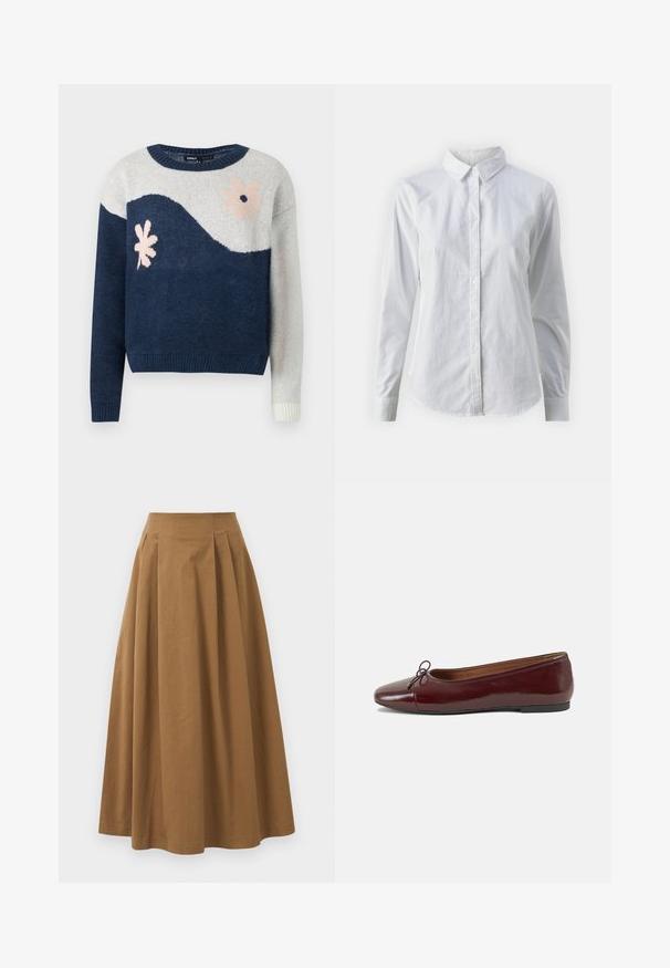 Námořnický a světle šedý pletený svetr s vlnitým vzorem, květinový design v růžové a černé barvě, kulatý výstřih, žebrované manžety a lem.; Bílá košile na knoflíky vyrobená z hladké bavlny, s klasickým límcem, dlouhými rukávy a zakřiveným spodním lemem. Knoflíky jsou malé a bílé.; Hnědá bavlněná sukně ve stylu A s vysokým pasem, se sklady na přední straně a hladkou texturou. Lemování je čisté a jednoduché.; Burgundské lakové baleríny s kulatou špičkou, malou mašlí vpředu a nízkou černou gumovou podrážkou. Hladký povrch.