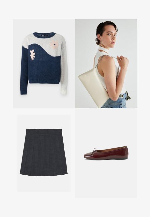 Námořnický a světle šedý pletený svetr s vlnitým vzorem, květinový design v růžové a černé barvě, kulatý výstřih, žebrované manžety a lem.; Tmavě šedá plisovaná sukně s elastickým pasem, vyrobená z texturované látky a s klasickým A-čkovým střihem. Vhodná pro každodenní nošení.; Burgundské lakové baleríny s kulatou špičkou, malou mašlí vpředu a nízkou černou gumovou podrážkou. Hladký povrch.; Bílá obdélníková psaníčko vyrobené z lesklého materiálu, se stříbrným řetízkovým popruhem. Modelka pózuje a předvádí tašku na jednobarevném pozadí.