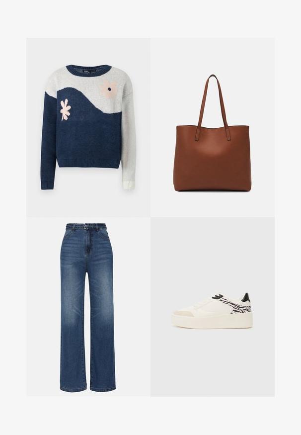 Marineblauer und hellgrauer gestrickter Pullover mit Wellenmuster, floralem Design in Pink und Schwarz, Rundhalsausschnitt, gerippte Bündchen und Saum.; Weite blaue Denim-Jeans mit hoher Taille, zwei Metall-Schnallen, subtilen Verwaschungen und dem klassischen Fünf-Taschen-Design.; Even&Odd Sneaker low - white/black; Braune Leder-Tote mit glatter Textur, offenem Oberteil und zwei Schulterriemen. Verfügt über minimale Nähte und keine sichtbaren Beschläge.