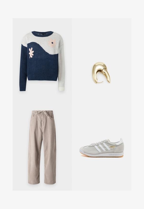 Mørkeblå og lys gråstrikket genser med bølgemønster, blomstermotiv i rosa og svart, rund hals, ribbestrikkede mansjetter og nederkant.; Beige kordfløyelsbukser med løs passform, med strikk i livet, to frontlommer og vertikal ribbet tekstur.; Lys grå sneaker laget av semsket skinn og mesh, med tre hvite striper, rund tå og såle av gummi. Gull logo-aksent nær snørebåndene.; Gullfarget metalløredobber med et elegant, buet design. Har en karakteristisk spiss form, polert overflate og hengsel-lukking.
