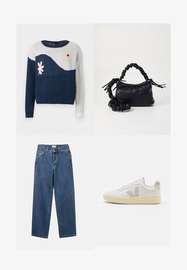 Jūrinės ir šviesiai pilkos spalvos megztinis su bangų raštu, gėlių motyvu rožine ir juoda spalvomis, apvalia kaklo iškirpte, su įpjovomis ant rankovių ir apačios.; Klasikiniai mėlynos džinsinio audinio džinsai su tiesiomis kojomis, penkiomis kišenėmis ir mygtukų uždarymu. Pasižymi vidutiniu skalbimu ir tvirtu audiniu.; Balti odiniai sportbačiai su kreminiais zomšos akcentais, perforuota pirštų dalimi, plokščiomis raišteliais ir struktūruota kreminėmis padomis. Ant kulno yra subtilus ženklinimas.; Juodas dirbtinės odos rankinė su krokodilo tekstūra, sušnibždinta viršuje ir susikraipytu dirželiu. Atrodo minkšta ir kompaktiška.