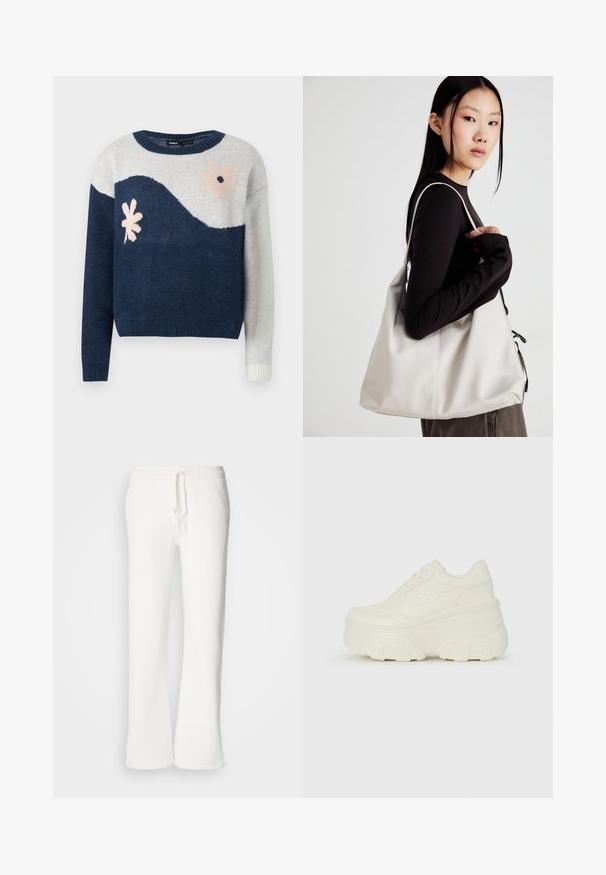 Mornarsko plava i svijetlosiva pletena pulover sa uzorkom valova, cvjetnim dizajnom u ružičastoj i crnoj boji, okrugli izrez, rebrasti manžeti i donji rub.; Bijele, opuštene hlače od flisa izrađene od mekog materijala, s elastičnim pojasom i vezicom te ravnim nogavicama.; Bijele platformske tenisice s glatkim gornjim dijelom koji nalikuje koži, zaobljenim oblikom, podstavljenim okvirom i teksturiranim gumeni potplat s definiranom profilacijom.; Bežna torba od mekog materijala s opuštenim dizajnom, šivanim detaljima i dva remena za rame. Pogodna za svakodnevnu upotrebu.