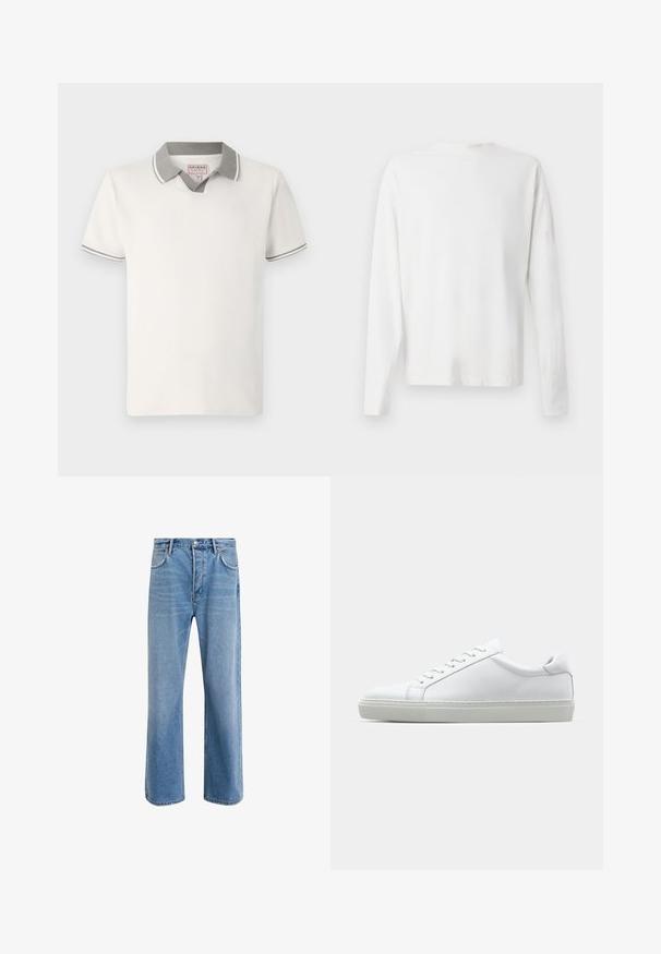 Koszulka polo w jasnoszarym kolorze z kontrastującym ciemnoszarym kołnierzykiem. Krótkie rękawy, teksturowany materiał oraz subtelny detal logo na klatce piersiowej.; Biała, bawełniana koszula z długim rękawem, okrągłym dekoltem, bocznymi rozcięciami na dole oraz gładką fakturą, wyeksponowana z tyłu.; Jasnoniebieskie dżinsy o prostym kroju, pięć kieszeni, zapięcie na guzik, minimalne blaknięcia i kontrastowe wykończenia szwów.; Białe sneakersy z gładką skórzaną cholewką i niskim profilem. Posiadają okrągły nos, sześć dziurek na sznurówki oraz teksturowaną gumową podeszwę.