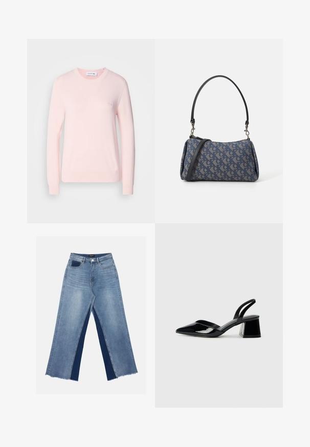 Lys rosa strikkegenser med rund hals, lange ermer og ribbestrikkede mansjetter. Har en liten brodert logo på brystet. Myk tekstur.; Lyseblå vide jeans med kontrasterende mørkeblå paneler, frynset søm og vanlig liv med metallknapp-lukking.; Svarte patentlær slingback hæler med spiss tå og geometrisk blokk hæl. Har et stilrent, minimalistisk design og jevn tekstur.; Blåmønstret håndveske laget av stoff, med buet form, svart lærreim og logodesign i en lysere nyanse.