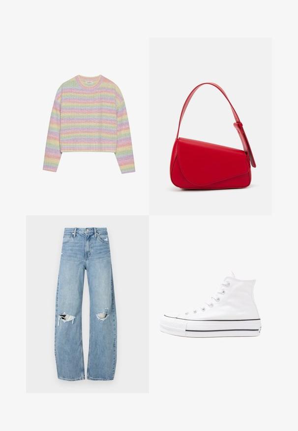 Maglione a righe pastello in maglia con colletto a girocollo, maniche lunghe e orlo corto. Il tessuto ha una finitura leggermente strutturata.; Jeans azzurri chiari a vita alta realizzati in denim. Presentano gambe larghe, due aree strappate sulle ginocchia e il classico styling a cinque tasche.; Sneaker alta in tela bianca con suola in gomma nera, punta in gomma frontale e sei asole per i lacci, caratterizzata da un design pulito e minimalista.; Borsa a tracolla in pelle rossa con un design angolare e geometrico. Presenta una singola tracolla regolabile e una chiusura a patta con dettagli cuciti.