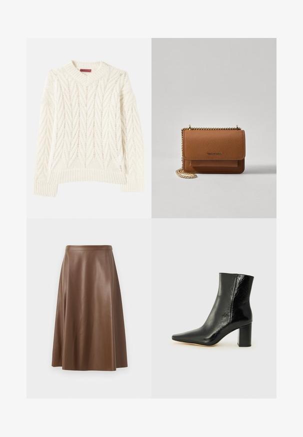 Kremasti pleteni pulover s rebrastim okruglim izrezom, s teksturiranim chevron uzorkom i višesmjernim linijama, dugim rukavima i ravnim rubom.; Smeđi kožni A-linijski suknja glatke teksture i srednje dužine. Ima prilagođenu struk i lagano se širi s bokova.; Crne gležnjače od sjajne kože s uskim vrhom i masivnom, kvadratnom petom. Imaju glatku teksturu i minimalistički dizajn.; Smeđa kožna torba preko tijela s teksturom, zlatnim lančićem i preklopom na zatvaranju. Na prednjoj strani nalazi se detalj s potpisom i džep ispod preklopa.