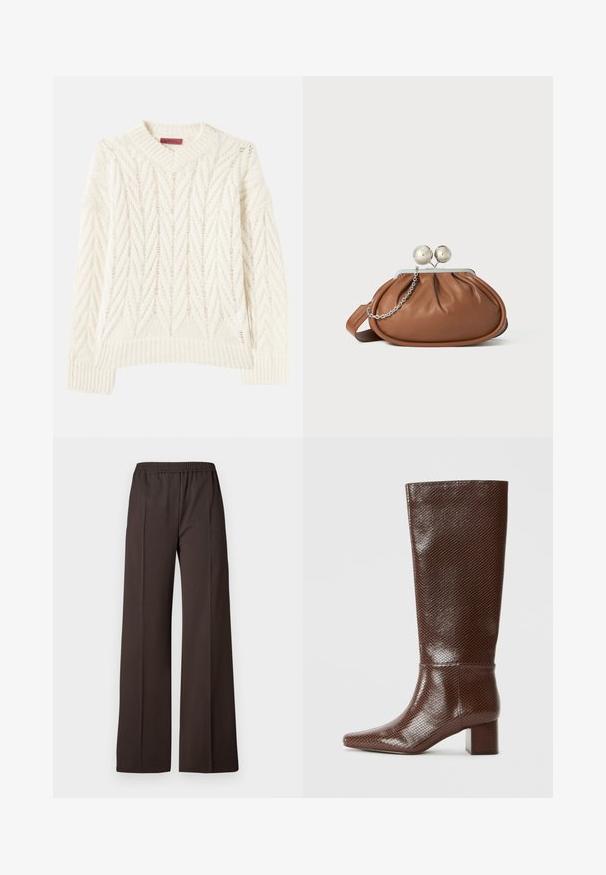 Cream knitted sweater with a ribbed crew neck, featuring a textured chevron pattern and multi-directional lines, long sleeves, and a straight hem.; Wide-leg trousers in dark brown fabric with an elastic waistband, featuring a smooth texture and clean lines for a tailored look.; Brown knee-high boot with a snakeskin texture, square toe, and block heel against a plain white background.; Brown leather clutch purse with silver ball clasp and a small silver chain detail on a white background.