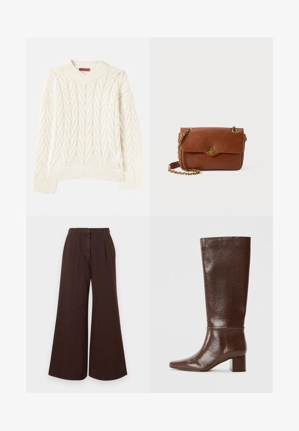 Cream knitted sweater with a ribbed crew neck, featuring a textured chevron pattern and multi-directional lines, long sleeves, and a straight hem.; High-waist wide-leg brown pants with button and zipper closure, belt loops, and front pleats.; Brown knee-high boot with a snakeskin texture, square toe, and block heel against a plain white background.; Brown leather crossbody bag with a flap closure, gold hardware, and a chain strap. Smooth texture, rectangular shape, minimal detailing.