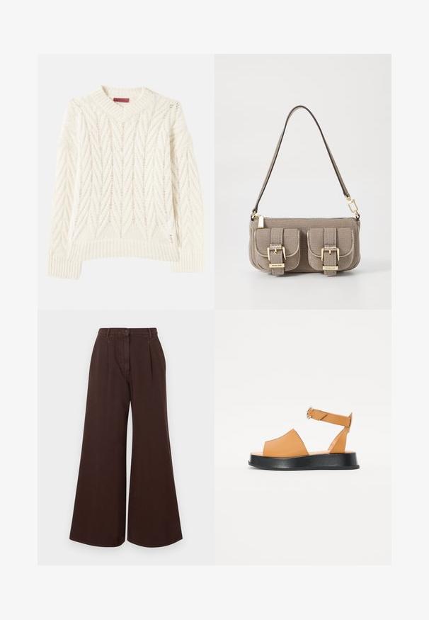 Pull en tricot crème avec un col rond côtelé, présentant un motif en chevron texturé et des lignes multidirectionnelles, des manches longues et un ourlet droit.; Pantalons marron à taille haute et jambes larges avec fermeture à bouton et zipper, passants de ceinture et plis sur le devant.; Sandale en cuir tan avec un large devant, bout ouvert, sangle ajustable et une semelle épaisse noire. Texture lisse et design minimal.; Sac à main beige texturé avec une bandoulière réglable, deux poches avant fermées par des boucles, et des accents en doré. Fermeture éclair en haut.