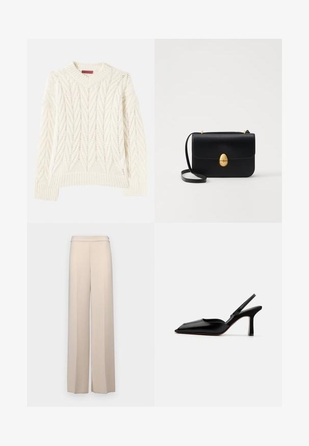 Krēmkrāsas adīts džemperis ar ribotu apaļu kaklu, izceļoties ar teksturētu čevaru rakstu un daudzvirziena līnijām, garām piedurknēm un taisnu apakšmalu.; Beige platmalējošas bikses no gludas auduma, ar augstu jostasvietu un vieglām priekšējām krokām. Nav kabatu vai redzamu detaļu.; Melnas ādas slingback kurpes ar norādītu purngalu, minimālisma dizainu, plānu potītes jostu un elegantām stiletto papēžiem. Gluda tekstūra.; Melnas ādas rokassomu ar strukturētu taisnstūra formu. Iespējas zelta ovāla slēdzis un plāns plecu siksna. Gluda tekstūra.