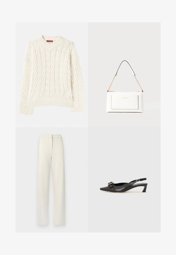 Crème gebreide trui met een geribde ronde hals, voorzien van een gestructureerd chevronpatroon en multidirectionale lijnen, lange mouwen en een rechte Zoom.; Crème-kleurige, wijde broek van zachte stof, met een rechte voorkant, zijzakken en gestikte details langs de naden.; Zwarte leren slingback schoen met scherpe neus, kleine hak en decoratieve gespdetails op de bovenkant. Stijlvolle textuur, minimalistisch ontwerp.; Witte leren handtas met een textuurafwerking, voorzien van een gouden schouderhengsel en zwarte accenten. Inclusief een voorvak en ritssluiting.