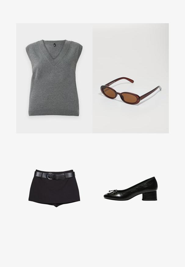 Gilet sans manches en tricot gris avec col en V et bords côtelés, présenté à plat sur un fond clair.; Shorts noirs avec une texture lisse, dotés d'une large ceinture noire et d'une boucle en argent, taillés dans un design ajusté avec une taille légèrement haute.; Escarpin en cuir verni noir avec un bout arrondi, un petit talon carré et un accent nœud à l'avant. Texture lisse avec une finition brillante.; Lunettes de soleil rondes teinte brun avec une monture bordeaux brillante. Branches fines avec un détail de marque subtil. Design de verres plats.