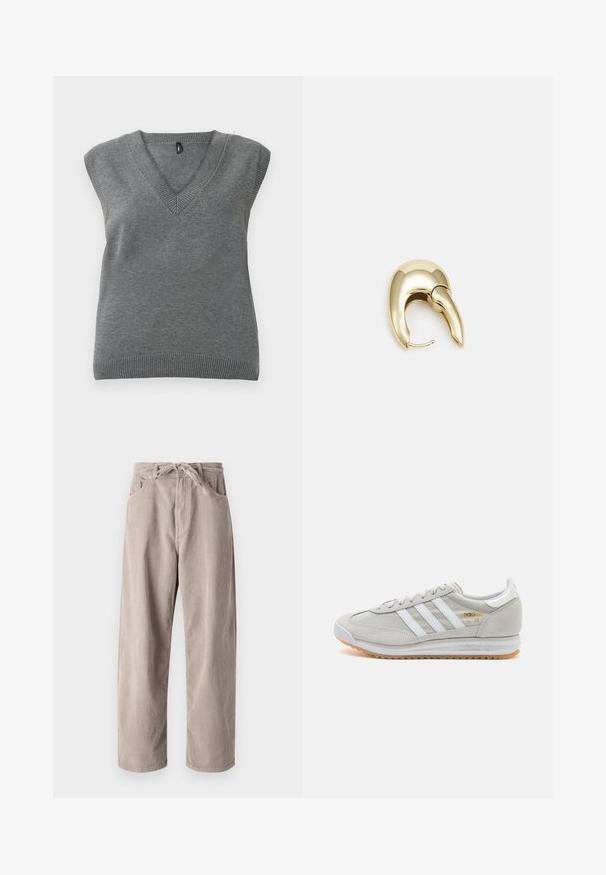 Hõlmatu halladest kootud särk V-kaelusega ja ribakujuliste äärtega, laotatud tasasele pinnale heledal taustal.; Beige kammkootud püksid, millel on mugav lõige, paelaga vöökoht, kaks eesmist taskut ja vertikaalne soonik tekstuur.; Heled hallid tossud, mis on valmistatud nubukist ja võrgust, millel on kolm valget triipu, ümmargune varvas ja kummist tald. Kuldne logoelement paelte lähedal.; Kuldtooni metallist kõrvarõngas, millel on elegantne ja kaarjas disain. Omab silmapaistvat teravat kuju, poleeritud pinda ja hingesulgemist.