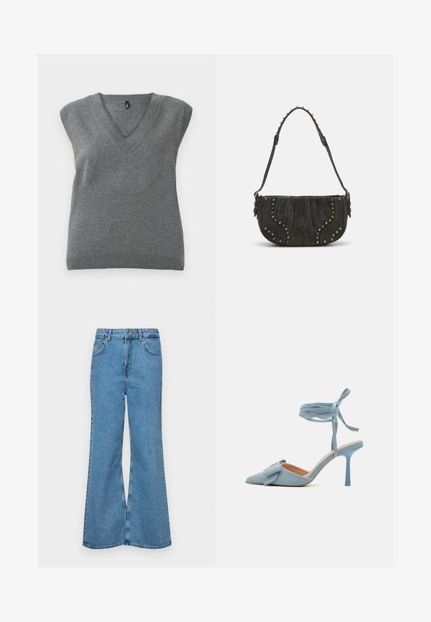 Sleeveless gray knit sweater vest with V-neck and ribbed edges, displayed flat against a light background.; Light blue flared jeans made of denim, featuring a high waist, five pockets, and a single button closure. Soft texture with faded finish.; Pointed-toe high heel shoe in light blue fabric with a textured finish, featuring a bow accent and ankle strap for secure fit.; Black suede handbag with a curved design, featuring rivet accents and a textured surface. Adjustable strap with stud details along the edge.