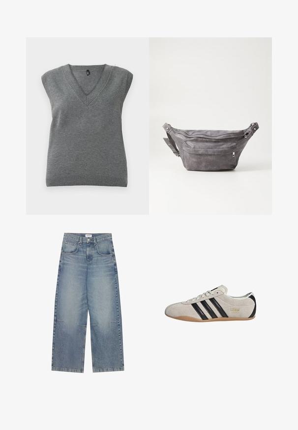 Siva pletena bezrukavna majica s V-izrezom i rebrastim rubovima, prikazana ravno na svijetloj pozadini.; Svijetloplave traperice širokih nogavica, izrađene od denima, s visokim strukom, pet džepova i vidljivim šavom, s ležernim, izblijedjelim finishom.; Suede tenisice s gornjim dijelom u sivoj boji, crnim trakama i gumiranim đonom. Imaju vezivanje s vezicama i zlatni logo detalj sa strane.; Siva zamšasta torbica preko struka sa zaobljenim oblikom, dva zip zatvorena odjeljka i podesivim remenom. Sadrži metalne naglaske.