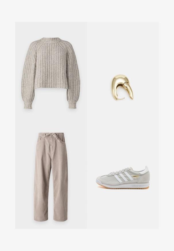 Wrangler Maglione - oatmeal; Pantaloni in velluto a coste beige con vestibilità ampia, dotati di vita con cordoncino, due tasche frontali e lavorazione a coste verticali.; Sneaker grigio chiaro realizzato in suede e rete, con tre strisce bianche, punta arrotondata e suola in gomma color caramello. Accento del logo dorato vicino ai lacci.; Orecchino in metallo color oro con un design elegante e curvo. Presenta una forma appuntita distintiva, superficie lucida e chiusura a cerniera.