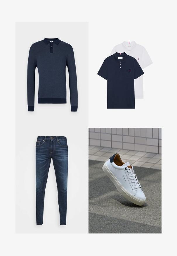 Marineblaues Langarm-Poloshirt mit strukturierter Strickoptik, dreiknöpfiger Knopfleiste und kontrastierenden dunkelblauen gerippten Bündchen und Saum.; Zwei Poloshirts: eines in marineblau und eines in Weiß, beide mit einem kleinen rot, weiß und blauen Akzent auf der Brusttasche und dem Kragen.; Dunkelblaue Jeans im Slim Fit mit subtiler Verwaschung, fünf Taschen und einem Metallknopfverschluss. Genähte Akzente in kontrastierender Farbe.; Weiße Ledersneaker mit navyfarbenem Fersenbereich, runder Zehenpartie und kontrastierenden braunen Akzenten. Verfügt über flache Schnürsenkel und eine strukturierte Gummisohle.