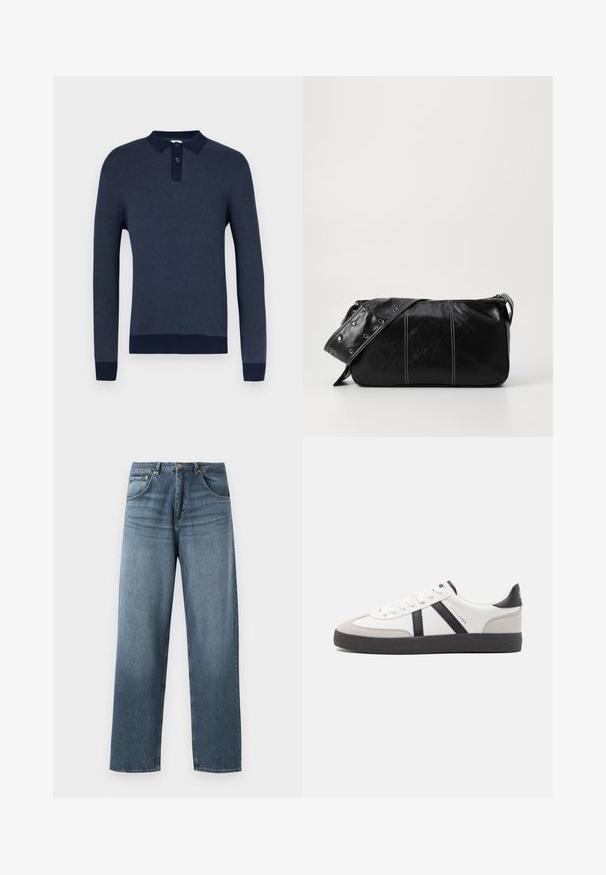 Polo a maniche lunghe blu navy con tessuto a maglia testurizzata, abbottonatura a tre bottoni e polsini e orlo a coste in contrasto blu scuro.; Jeans in denim blu a gamba dritta con un lavaggio sbiadito, dotati di cinque tasche, bottone in metallo e passanti per cintura. Tessuto strutturato di peso medio.; Sneaker bianco con accenti neri e grigi, dotata di una punta grigia testurizzata, suola in gomma nera e lacci bianchi piatti. Design pulito, stile minimalista.; Borsa a spalla in pelle nera con chiusura a zip, caratterizzata da un corpo testurizzato, cuciture bianche e una tracolla con occhielli in argento.