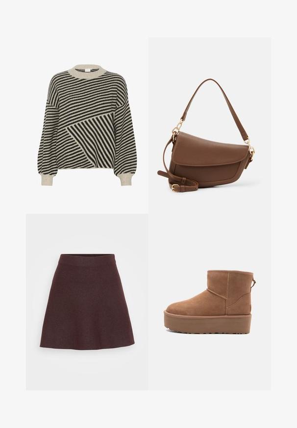Black and cream striped sweater with a round neck and balloon sleeves. Features varied stripe angles and soft knit texture.; Burgundy knit skirt with a flared design, wide waistband, and smooth texture, featuring a solid color without patterns or accents.; Tan suede ankle boot with a platform sole, rounded toe, and stitching accents; features a pull tab at the back for easy wear.; Brown leather shoulder bag with a textured finish, curved shape, gold-tone hardware, adjustable strap, and flap closure.