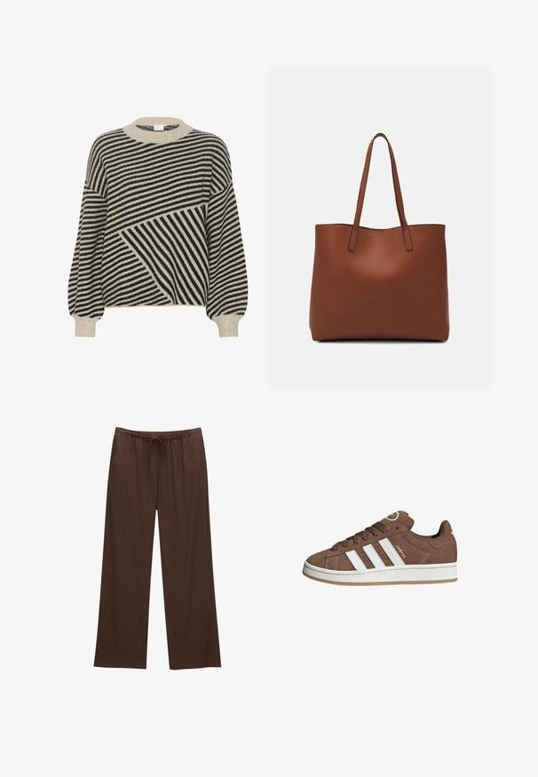 Czarny i kremowy sweter w paski z okrągłym dekoltem i balonowymi rękawami. Posiada różne kąty pasków oraz miękką teksturę dzianiny.; Brązowe spodnie szerokie wykonane z miękkiego materiału, z elastycznym paskiem w talii i sznurkiem, oraz dwiema bocznymi kieszeniami.; Brązowe zamszowe sneakersy z białymi skórzanymi paskami, gumową podeszwą, zaokrąglonym noskiem i sznurowanym przodem. Posiadają logo na języku i perforowane akcenty.; Brązowa skórzana torba tote o gładkiej fakturze, z otwartym wierzchem i dwoma ramiączkami. Charakteryzuje się minimalnym przeszyciem i brakiem widocznych elementów metalowych.