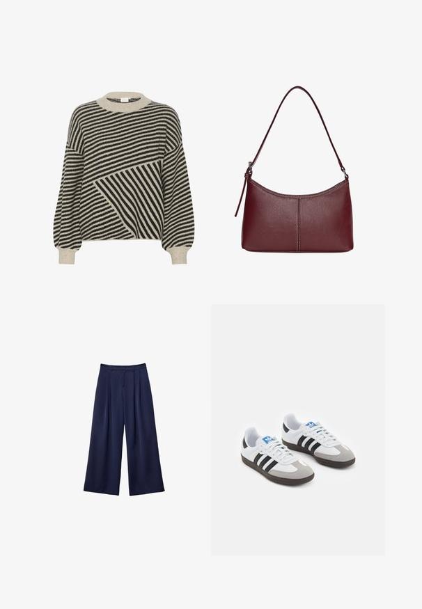 Čierny a krémový pruhovaný sveter s okrúhlym výstrihom a balónovými rukávmi. Obsahuje rôzne uhly pruhov a mäkkú pletenú textúru.; Námornícky modré široké nohavice s pukmi, zapínaním na gombík a pútkami na opasok, zobrazené ležiace na bielom pozadí.; Športové topánky s bielym koženým zvrškom, šedou semišovou špičkou a tromi čiernymi pruhmi. Obsahujú modré logo na jazyku a štruktúrovanú gumovú podrážku.; Bordová kožená kabelka s zakriveným tvarom, s jedným ramenným popruhom a prešitými detailmi v strede. Hladký povrch, minimalistické príslušenstvo.