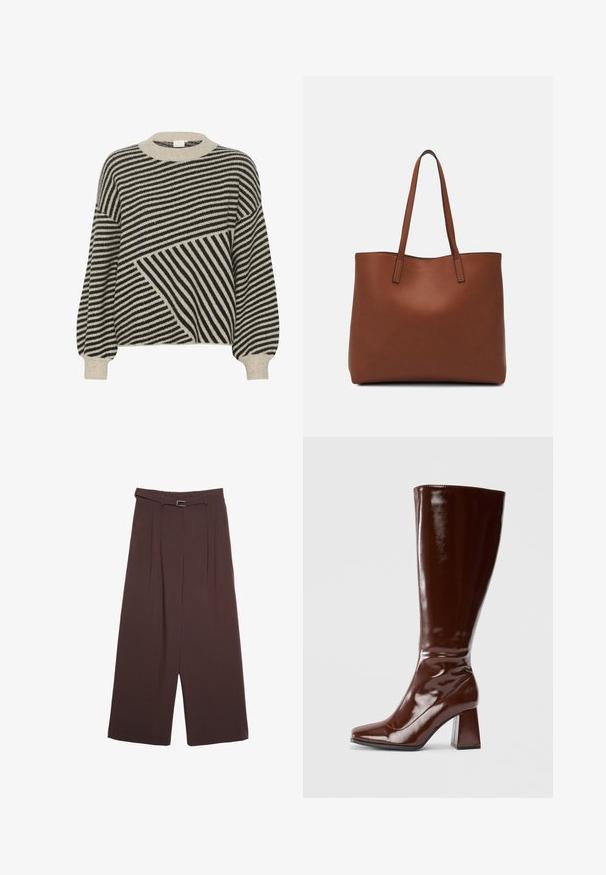 Gestreifter Pullover in Schwarz und Beige mit rundem Ausschnitt und Ballonärmeln. Verfügt über unterschiedliche Streifenwinkel und eine weiche Stricktextur.; Stradivarius WIDE-LEG WITH BUCKLE DETAIL - Stoffhose - dark brown; Knöchelhohe braune Lacklederstiefel mit quadratischer Spitze, glänzender Oberfläche und stabilen Blockabsätzen. Nahtloses Design ohne sichtbare Beschläge.; Braune Leder-Tote mit glatter Textur, offenem Oberteil und zwei Schulterriemen. Verfügt über minimale Nähte und keine sichtbaren Beschläge.