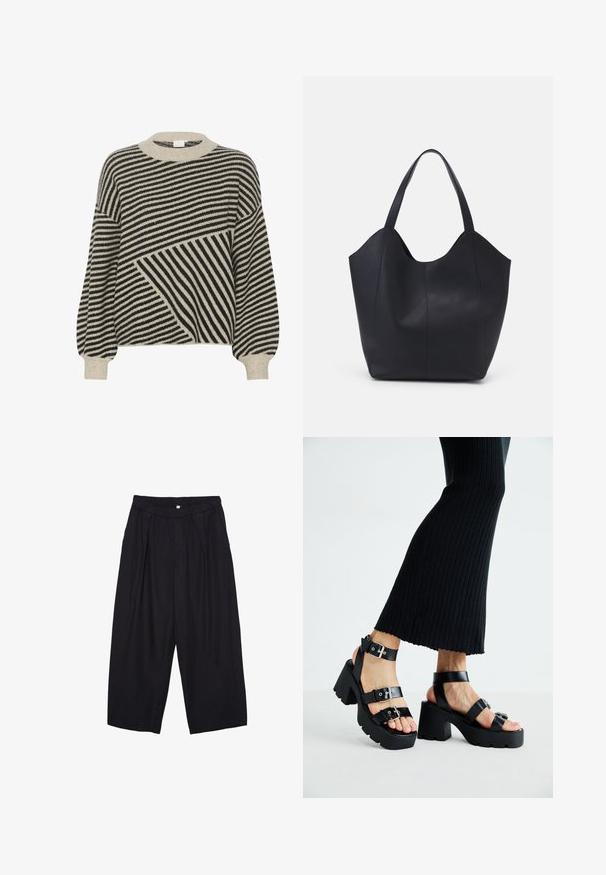 Crna i krem prugasta majica sa okruglim izrezom i balon rukavima. Ima različite uglove pruga i mekanu pletenu teksturu.; Crne poliester hlače culotte s elastičnim pojasom, dva prednja nabora i širokim krojem. Nema vidljivih uzoraka ili metalnih detalja.; Crne platforme sandale s debelim, nazubljenim potplatima i višestrukim trakama, s metalnim kopčama i glatkom teksturom koja podsjeća na kožu.; Crna torba od glatke kože, s zakrivljenim otvorenim vrhom, dva remena za rame i minimalističkim dizajnom.