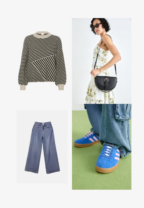 Suéter a rayas negro y crema con cuello redondo y mangas abullonadas. Presenta ángulos de rayas variados y una textura de punto suave.; Jeans de mezclilla de pierna ancha en un lavado azul claro, con una cintura alta, bolsillos frontales y un cierre de botón con trabillas para el cinturón.; Zapatos de gamuza azul con rayas rosas y cordones blancos, con una suela de goma, combinados con pantalones denim holgados sobre una superficie verde.; Bolso de piel negra con forma curva, correa desmontable y herrajes dorados. El bolso cuenta con una solapa con un detalle de hebilla.