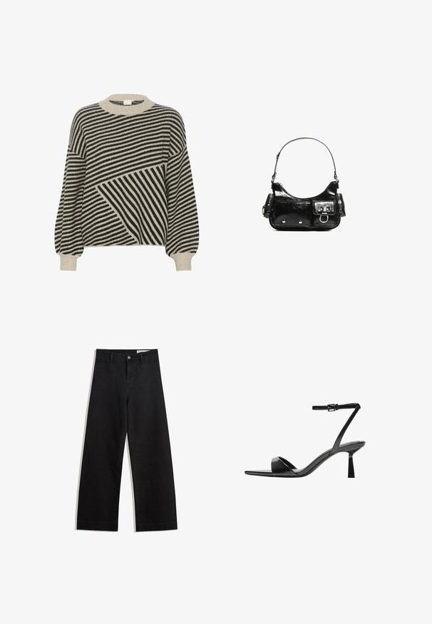 Zwart en crèmekleurig gestreepte trui met een ronde hals en ballonmouwen. Heeft variërende streephoeken en een zachte brei-tuun.; Zwarte denim broek met wijde pijpen en een hoge taille, voorzien van voor- en achterzakken, gestikte naden en een knoopsluiting. Gladde textuur.; Bershka Sandalen met hoge hak - black; Zwarte laarzen in lakleer met een gebogen vorm, één schouderband, voorvakken en accenten in zilverkleurig metaal.