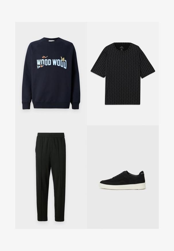 Mörkblå sweatshirt med rund halsringning och raglanärmar. Har broderade fjärilar och texten "WOOD WOOD" i ljusblått.; Svart T-shirt med ett strukturerat mönster av växlande 'A'-logotyper, korta ärmar och rundad halsringning. Tillverkad av lättviktsmaterial.; Svarta byxor i ett mjukt tyg; har en elastisk midja, sidofickor och en tapered ben-design. Minimalistiska och enfärgade.; Svarta mockaskor med snörningsdesign och kontrasterande vita gummisulor. Har texturerade sidopaneler och diskret branding på hälen.
