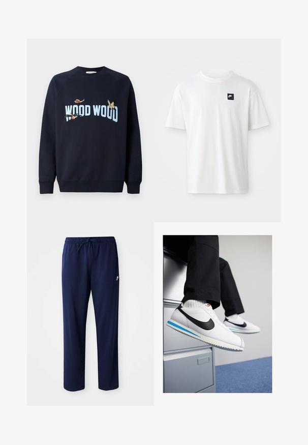 Sweat-shirt bleu marine avec col rond et manches raglan. Orné de papillons brodés et du texte "WOOD WOOD" en bleu clair.; T-shirt en coton blanc à manches courtes et col rond ; présente un petit logo rectangulaire noir Nike Air sur la poitrine gauche.; Pantalons de jogging légers bleu marine en tissu mélangé coton. Dotés d'une taille élastique avec cordon de serrage et d'un petit logo sur le côté gauche.; Baskets en cuir blanc avec un logo Nike en swoosh noir, semelle en caoutchouc bleu clair et gris, et design classique à lacets. Pieds reposant sur un cabinet de rangement.