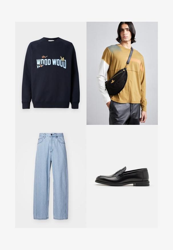 Navy blue sweatshirt with a crew neck and raglan sleeves. Features embroidered butterflies and the text "WOOD WOOD" in light blue.; Light blue denim jeans with a wide-leg design, featuring front pockets, a button fastening, and detailed stitching along the seams.; Black leather loafers with a smooth texture, rounded toe, and a decorative strap across the vamp. Low stacked heel, minimalist design.; Vivienne Westwood CITY BUMBAG UNISEX - Bum bag - black