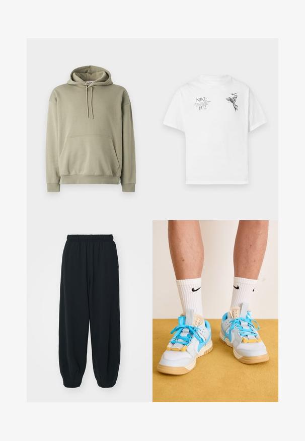 Olíva zöld kapucnis pulóver, puha pamut keverékből készült, elöl zsebbel, húzózsinórral és bordás mandzsetta és hemékkel rendelkezik. Egyszerű, laza dizájn.; Fehér pamut póló, fekete grafikai nyomattal egy szárnyas lényről és szövegről, kerek nyakkal és rövid ujjú. ; Fekete, rugalmas derékpántos melegítőnadrág, laza fit, véget érő szárakkal, sima textúrával, látható minták vagy hardver díszek nélkül.; Világoskék sportcipők bézs talppal, hangsúlyos türkizfűzőkkel és sárga kiegészítőkkel. Texturált anyagok és látható lég párnázás.