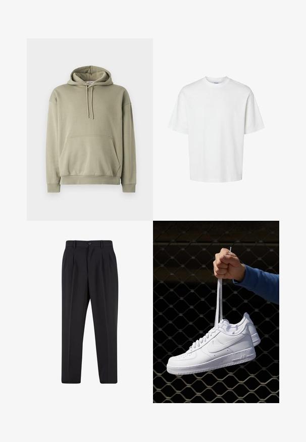Sudadera color verde oliva hecha de una suave mezcla de algodón, cuenta con un bolsillo frontal, capucha con cordón y puños y dobladillo acanalados. Diseño simple y relajado.; Camiseta blanca de algodón con mangas cortas, escote redondo y un corte relajado. Textura suave sin patrones o acentos visibles.; Pantalones negros con un diseño de frente plisado, hechos de una tela suave. Cuentan con un cierre de botón y pasadores para cinturón; corte recto.; Zapatillas de cuero blanco con perforaciones, punta redonda, suela plana y cordones gruesos, con un logo de swoosh visible y "AIR" en el talón.