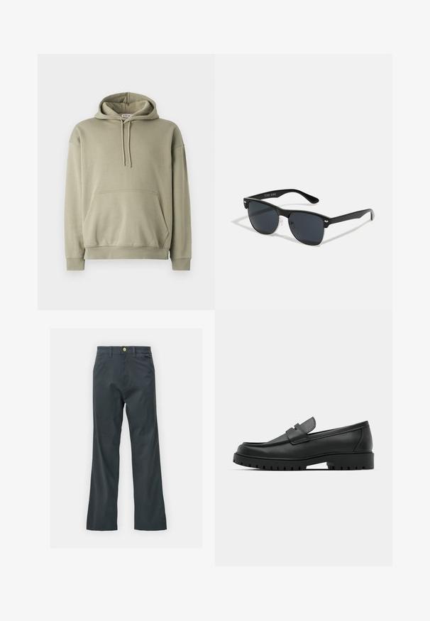 Olivengrøn hoodie lavet af blødt bomuldsblandingsstof, har en frontlomme, snørret hætte og ribbede manchetter og kant. Enkel, afslappet design.; Sorte bukser med lige ben, lavet af en bomuldsblandingsstof. Har en metalknaplukning og sidelommer. Ingen synlige mønstre.; Sorte læder loafers med rund tå, der har et syet design, lav platformssål og en struktureret, skridsikker gummisål.; Sorte solbriller med rektangulær form, mørke linser, sølvdetaljer ved tindingerne og en mat finish på stellet.