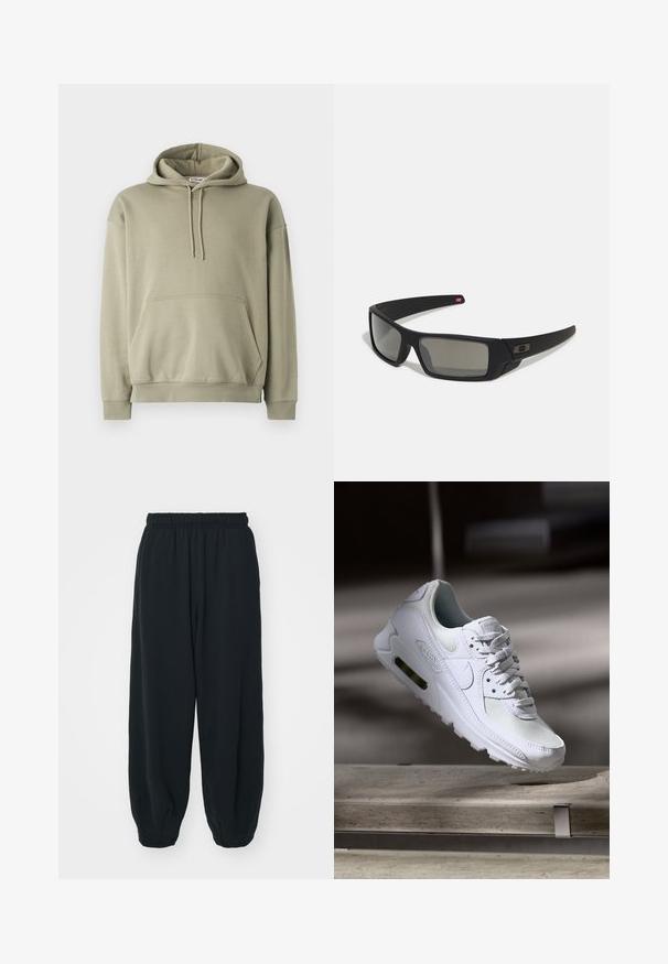 Olive green hoodie made of soft cotton blend, features a front pocket, drawstring hood, and ribbed cuffs and hem. Simple, relaxed design.; Black, elasticated-waist sweatpants with a loose fit, cuffed ankles, smooth texture, and no visible patterns or hardware accents.; White Nike Air Max 90 sneaker featuring a mesh and leather upper, perforated toe box, and a visible air unit in the heel.; Black sunglasses with a matte finish, rectangular lenses, slight curve on temples, subtle logo detail, and smoke-tinted lenses.