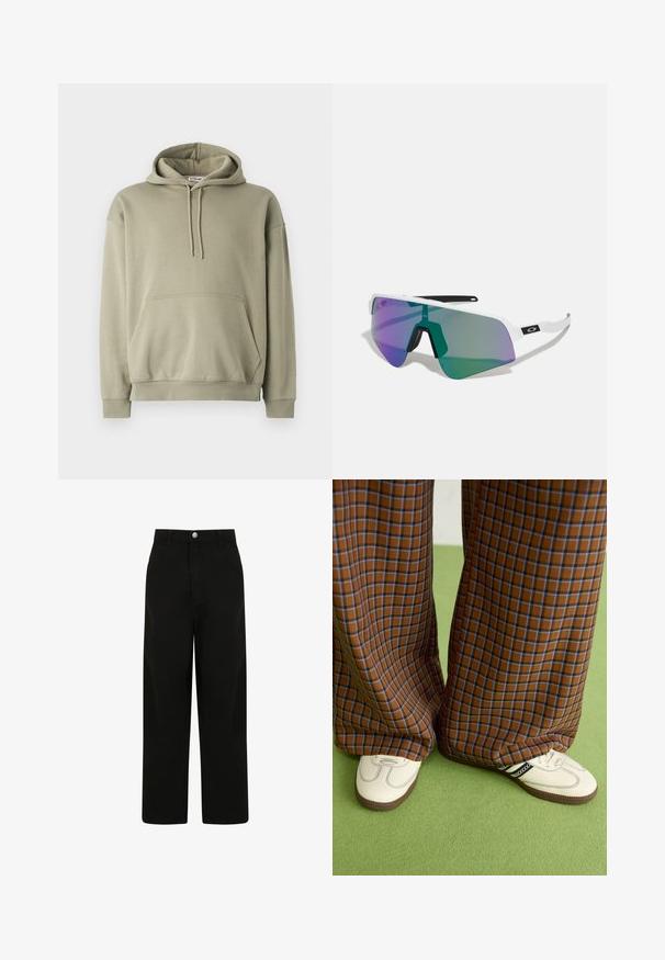 Olivgrüne Kapuzenjacke aus weichem Baumwollgemisch, mit einer Fronttasche, Kordelzugkapuze sowie gerippten Bündchen und Saum. Einfaches, lockeres Design.; Schwarze weit geschnittene Hose aus Baumwolle. Verfügt über einen Frontknopfverschluss, zwei Seitentaschen und ein lässiges Design.; Braun und blaue Karohosen mit weitem Bein, kombiniert mit weißen Schuhen mit schwarzen Akzenten und strukturierten Sohlen, vor einem grünen Hintergrund.; Sportsonnenbrille mit einem weißen Rahmen und großen, verlaufenden Gläsern in Lila- und Grüntönen; scharfkantiges Design mit zentralem Nasensteg.
