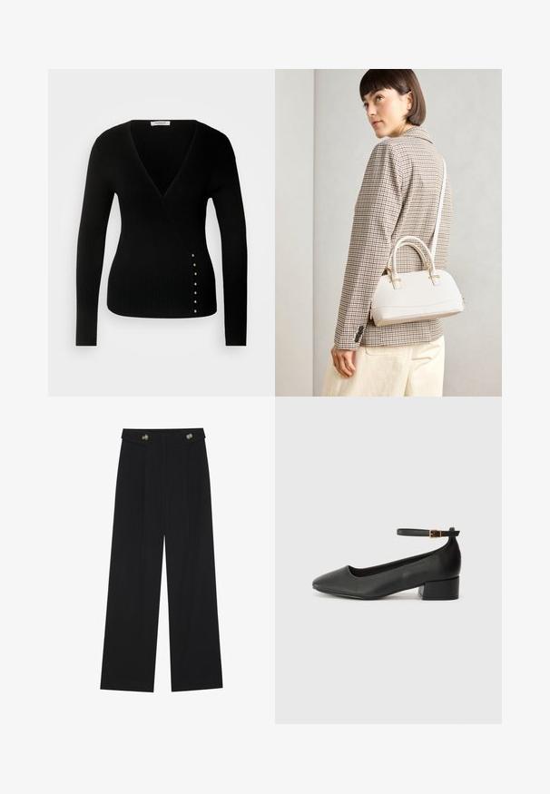 Top lungo a maniche rigate nere con scollatura a V profonda e bottoni decorativi color oro lungo il lato sinistro. Tessuto morbido e aderente.; Pantaloni neri a gamba larga con vita alta, dettagli con bottoni in vita e pieghe frontali.; Pump in pelle nera con punta affusolata e tacco basso a blocco. Presenta una cinghia alla caviglia con una fibbia in tonalità oro. Texture liscia.; Borsa a mano bianca strutturata con manici corti e tracolla, dotata di dettagli in metallo dorato e materiale testurizzato, esposta su uno sfondo grigio.