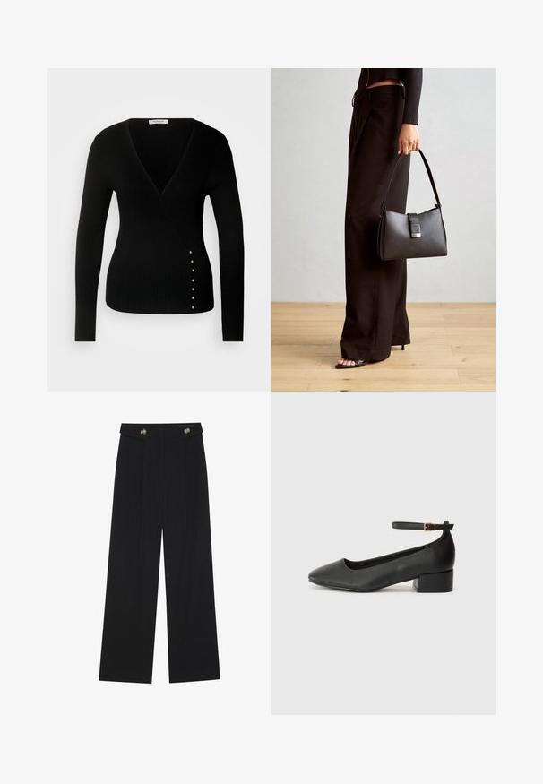 Haut noir à manches longues côtelé avec un décolleté en V profond et des boutons décoratifs en ton or le long du côté gauche. Tissu doux et ajusté.; Pantalons larges noirs à taille haute, avec des détails de boutons à la taille et des plis sur le devant.; Escarpin en cuir noir avec un bout pointu et un petit talon bloc. Doté d'une bride de cheville avec une boucle dorée. Texture lisse.; Sac à main noir à la forme structurée, texture lisse et fermoir métallique. Associé à un pantalon noir ample et des sandales ouvertes sur un sol en bois.