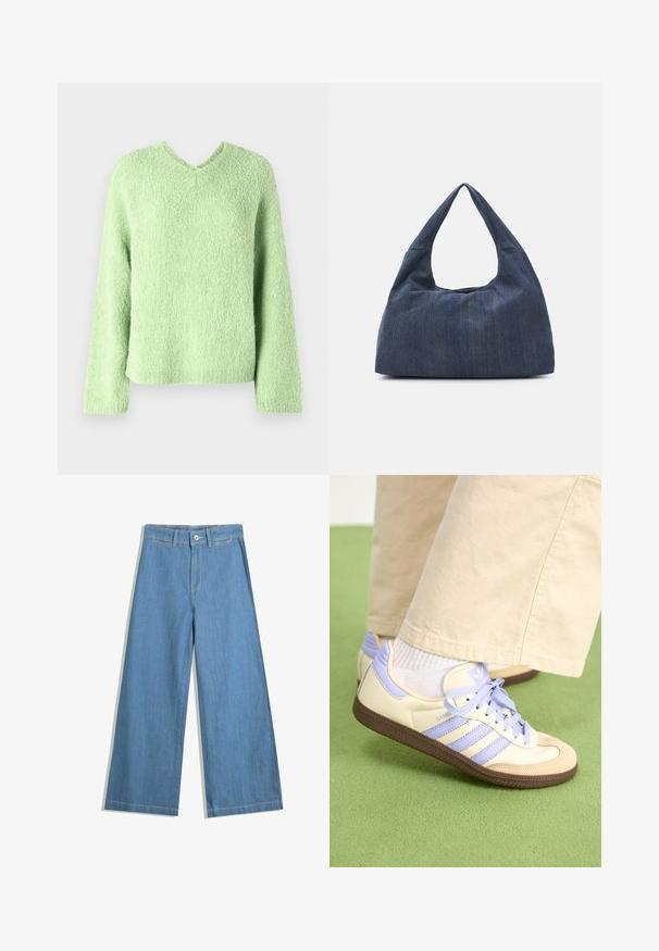 Lys grøn, struktureret sweater med v-hals, lange ærmer og en afslappet pasform. Stoffet har et blødt, fluffy udseende.; Lyseblå vidde jeans lavet af denim, med knaplukning, bæltestropper og diskrete syninger.; Creme og lavendel sneakers med tre striber og en tekstureret brun sål, der har snørebånd og en polstret hæl. Blødt stof øvre.; Mørkeblå denimtaske med en blød, slasket form, der har et hobo-stil håndtag og en struktureret overflade. Ingen synlige metaldele.