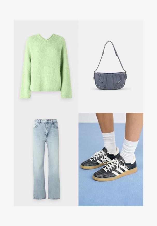 Light green, textured sweater with a v-neck, long sleeves, and a relaxed fit. Fabric shows a soft, fluffy appearance.; Light blue denim jeans with a high waist, wide-leg fit, and subtle fading. Features classic five-pocket design and metal button closure.; Black leather sneakers with white stripes, round toe, white laces, and gum rubber sole. Accentuated by padded collar and branding details.; Denim shoulder bag with a pleated design, blue color, silver stud accents along the edges, and a textured strap.