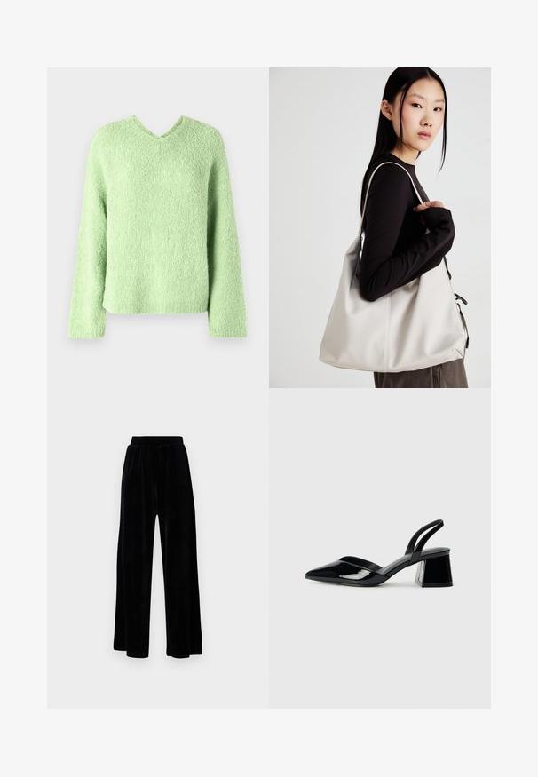 Maglione verde chiaro, con texture, a scollo a V, maniche lunghe e vestibilità rilassata. Il tessuto mostra un aspetto morbido e soffice.; Pantaloni neri a gamba larga realizzati in morbido velluto, dotati di una cintura elastica e una superficie liscia, senza dettagli o motivi visibili.; Décolleté in vernice nera con punta affusolata e tacco in geometria cubica. Presentano un design elegante e minimalista, con una texture liscia.; Borsa a mano beige realizzata in materiale morbido, caratterizzata da un design morbido, dettagli cuciti e due manici. Adatta per l'uso quotidiano.