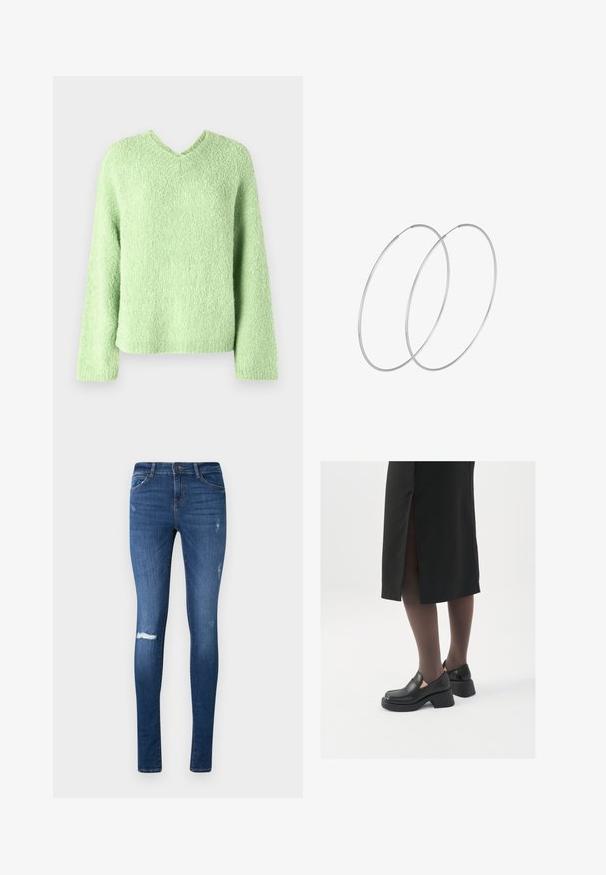 Pull vert clair, texturé, avec un col en V, des manches longues et une coupe décontractée. Le tissu présente une apparence douce et duveteuse.; Jean skinny fit bleu foncé avec un délavage dégradé, genou déchiré et design à cinq poches. Fabriqué en denim avec une légère élasticité.; Chaussures noires en cuir avec un bout arrondi, un épais talon bloc et des accents latéraux élastiques, associées à des bas foncés et une jupe noire avec une fente.; Boucles d'oreilles en argent au design minimaliste. Forme circulaire, texture lisse et profil fin. Légères avec une finition polie.