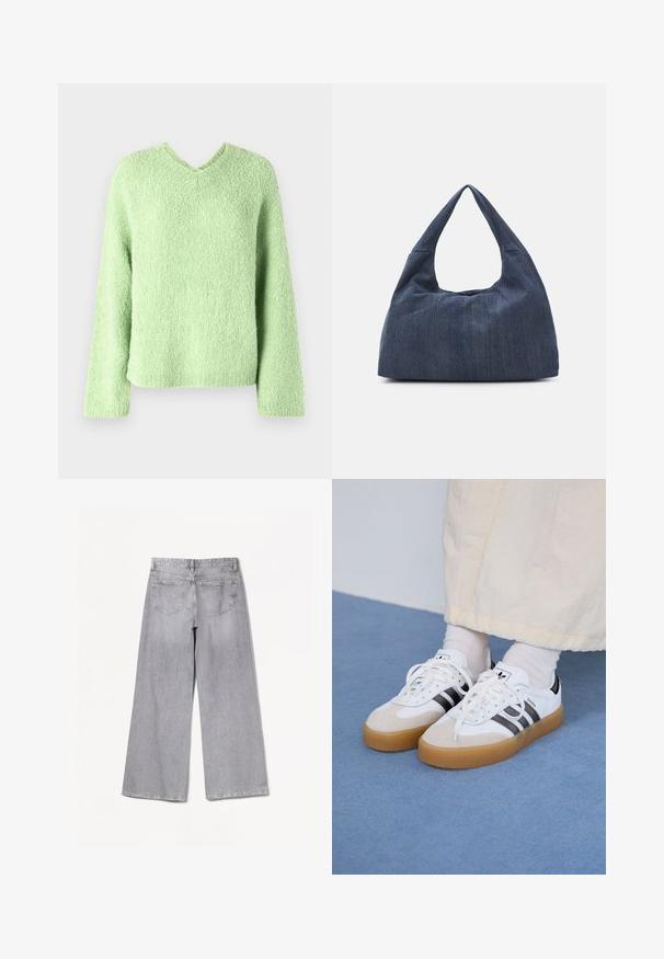 Lichtgroene, gestructureerde trui met een v-hals, lange mouwen en een ontspannen pasvorm. De stof heeft een zachte, pluizige uitstraling.; Bershka WIDE-LEG - Wide leg - grey; Witte sneakers met zwarte strepen en beige suède accenten. Voorzien van een gestructureerde gumzool en platte witte veters, gedragen met lichtgekleurde sokken.; Donkerblauwe denim tas met een zachte, slungelige vorm, voorzien van een hobo-stijl handvat en een gestructureerd oppervlak. Geen zichtbare hardwareaccenten.
