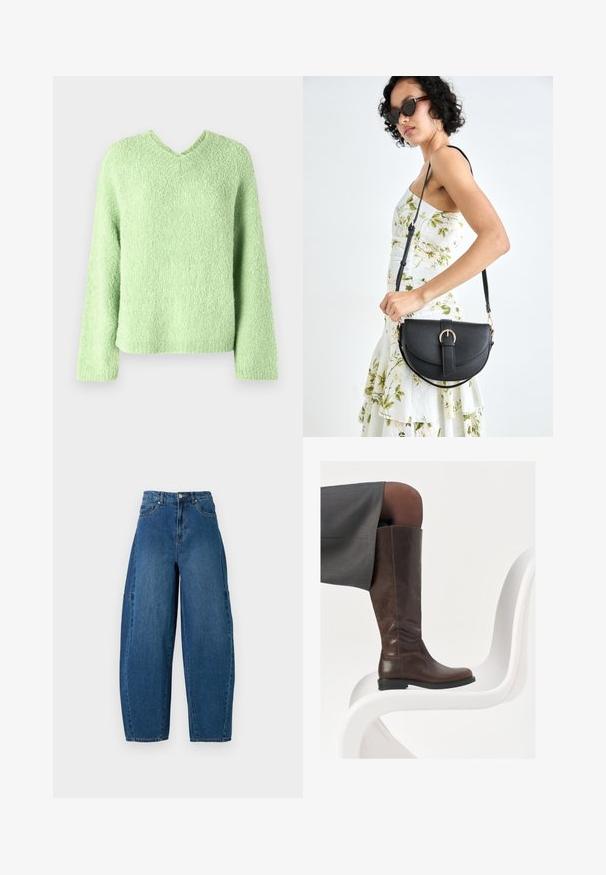 Lys grøn, struktureret sweater med v-hals, lange ærmer og en afslappet pasform. Stoffet har et blødt, fluffy udseende.; Denimjeans i en mellemblå vask, med højt liv, bred benpasform og standard fem-lomme design med synlige stikninger.; Brun læder knæhøj støvle med afrundet tå, glat tekstur og minimale syningsdetaljer, sat mod en lys baggrund på en hvid stol.; Sort læderhåndtaske med en buet form, aftagelig rem og guldfinish. Tasken har en klap med en spænde detalje.