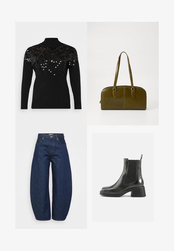 Črn pulover z visokim ovratnikom in dolgimi rokavi; okrašen z črnimi in srebrnimi svetlikajočimi se bleščicami na zgornjem delu za dodano teksturo.; Temno modre jeans hlače iz jeansa z širokim, sproščenim krojem. Imajo zadrgo, štiri žepe in kontrastne šive ob šivih.; Črne usnjene gležnjarje z gladko površino, elastičnimi stranskimi paneli in masivnim petami. Imajo praktično zanko za lažje obuvanje.; Olive zelena usnjena torba v zaokroženi obliki, z dvojnimi ročaji in brezšivnim sprednjim delom. Ima gladko teksturo in subtilne šive.; Srebrni kovinski uhani z valovitim, skulpturalnim dizajnom, ki se ponašajo s poliranim zaključkom in nerednimi oblikami, kar poudarja sodobno estetiko.